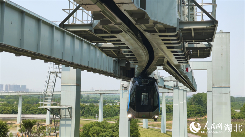 空軌列車車體懸掛于軌道梁下方“飛行”。人民網(wǎng)記者 王郭驥攝